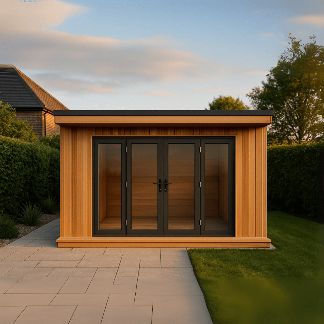 Wooden garden shed with glass doors in a backyard setting