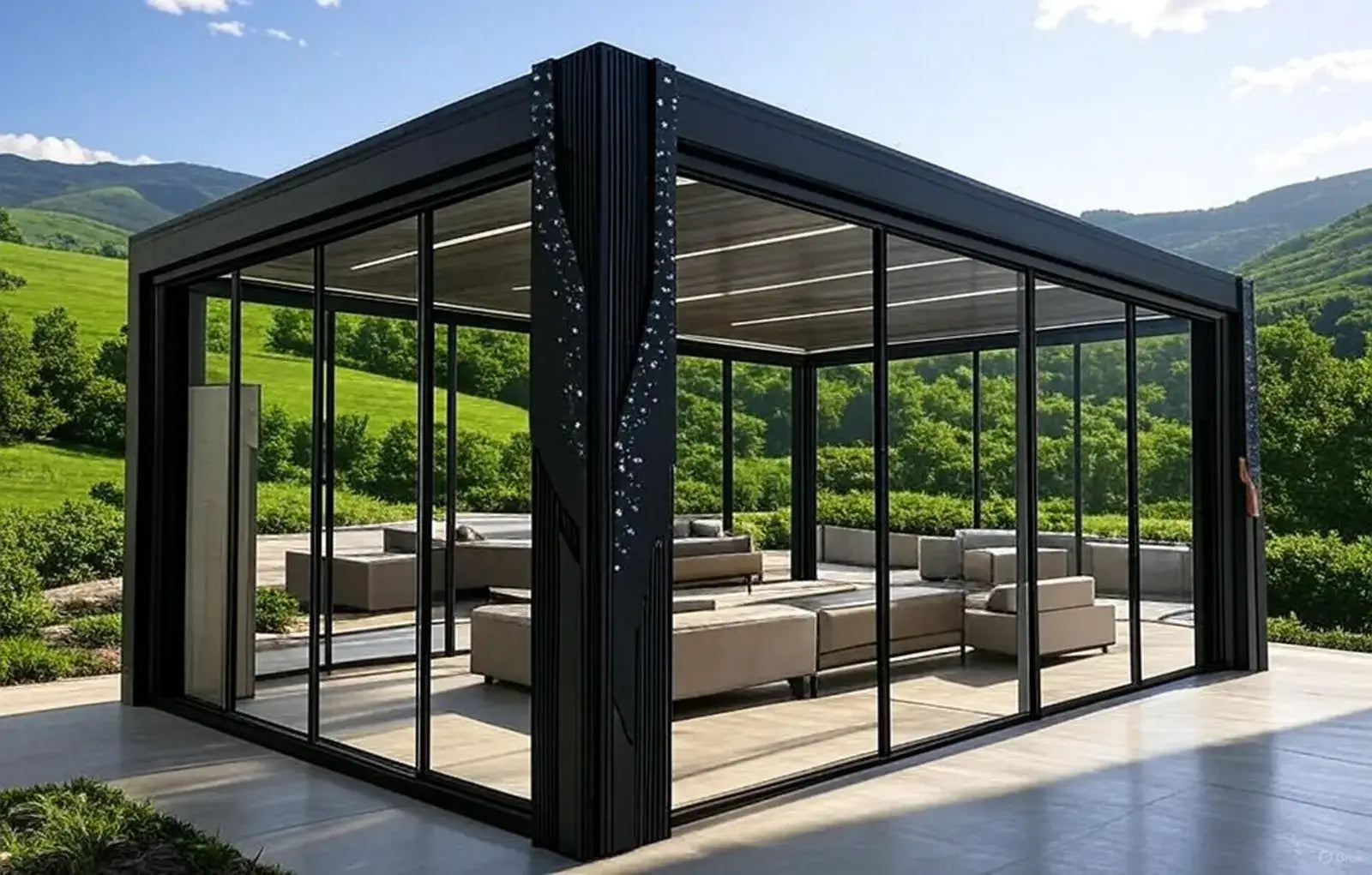 Modern outdoor pavilion with glass walls and furniture in a scenic setting.